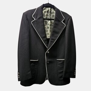 Vintage 70s Black White Contrast Piping Trim Blazer Jacket Coat Designer Formal